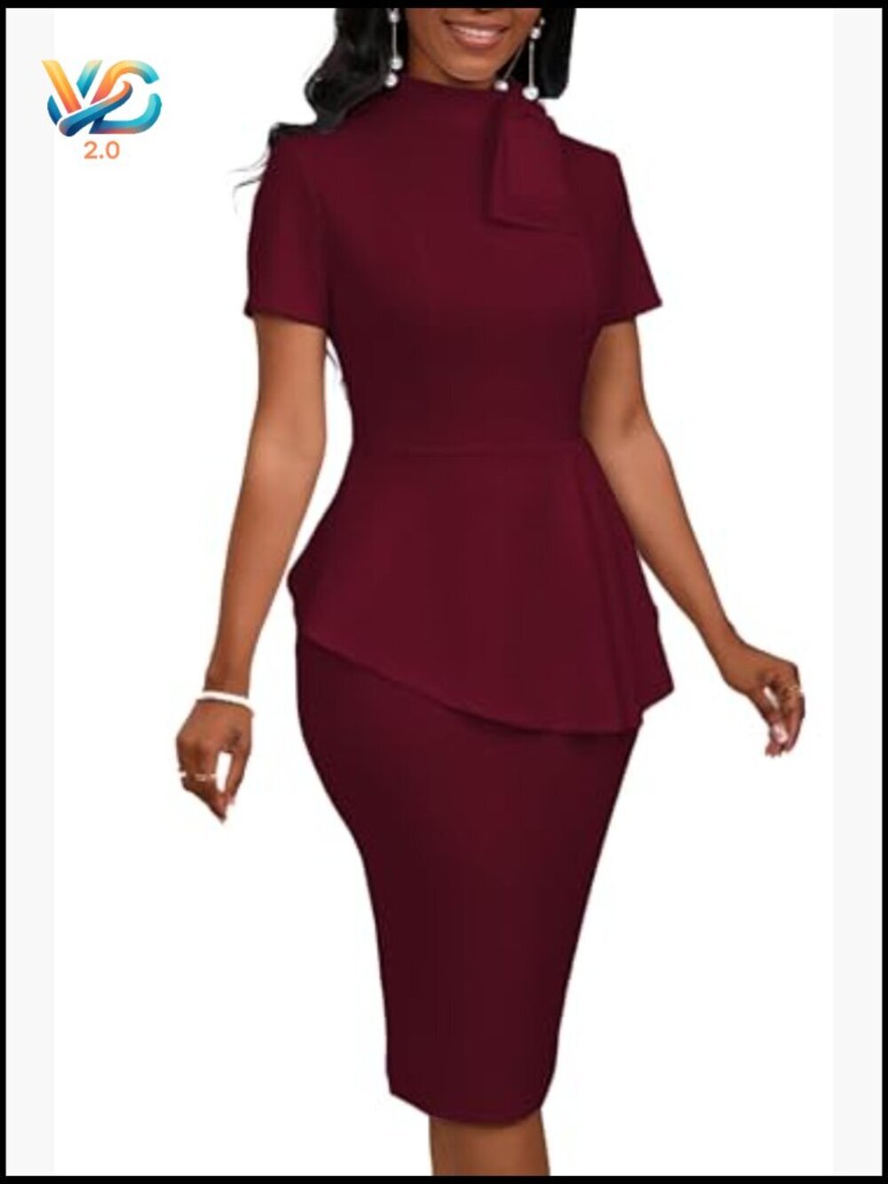 Fashion Peplum Bodycon Short Sleeve Work Dress Bow Ruffle Pencil Formal Cocktail - Picture 2 of 7
